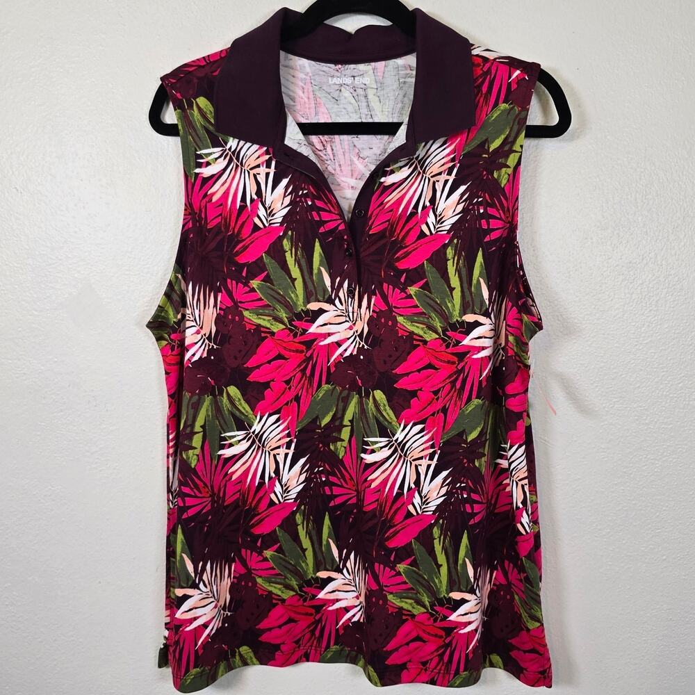 Lands End Sleeveless Polo Shirt Women's L Pink Tropical Palm Leaf Summer Coastal